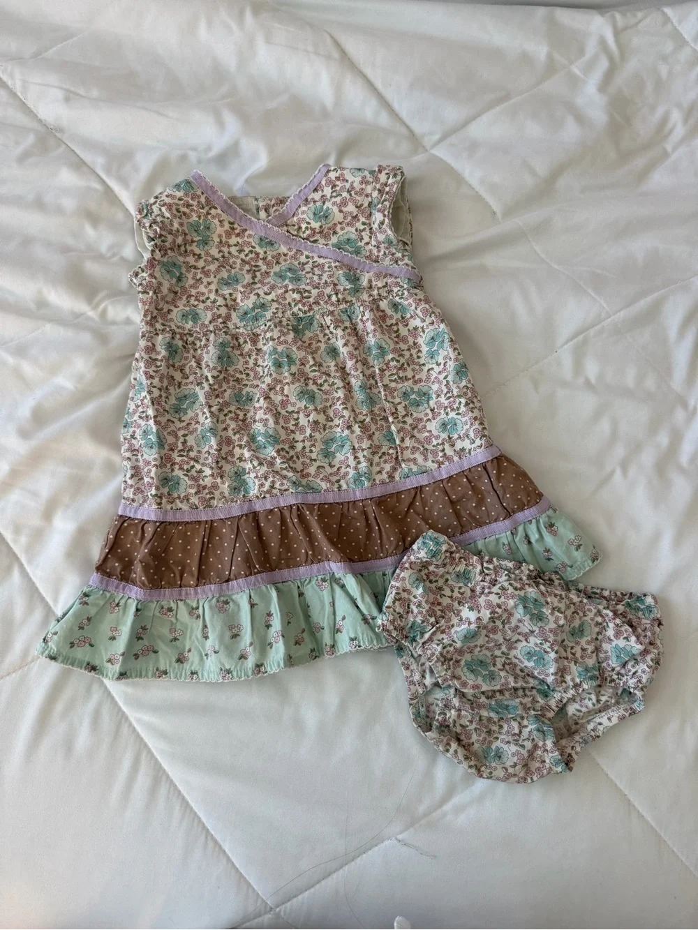 Vintage OshKosh Floral Mint and Brown Girls Dress with Bloomers